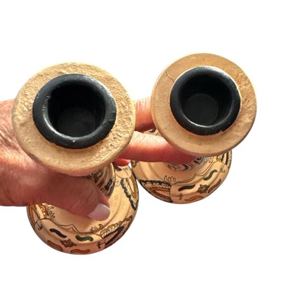 Unique Hand Painted Floral Neutral Colors Wooden Candle Holders Set of 2 - Picture 9 of 10